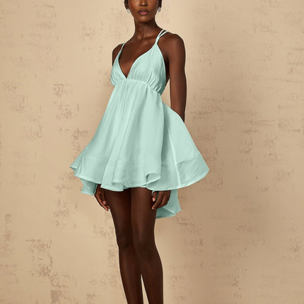 Victoria Green Mini Dress with V-Neck and Cross-Over Straps