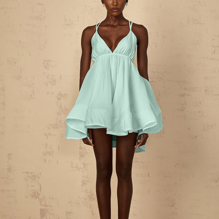 Victoria Green Mini Dress with V-Neck and Cross-Over Straps