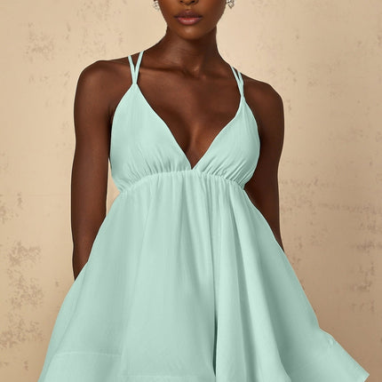 Victoria Green Mini Dress with V-Neck and Self-Tie Straps
