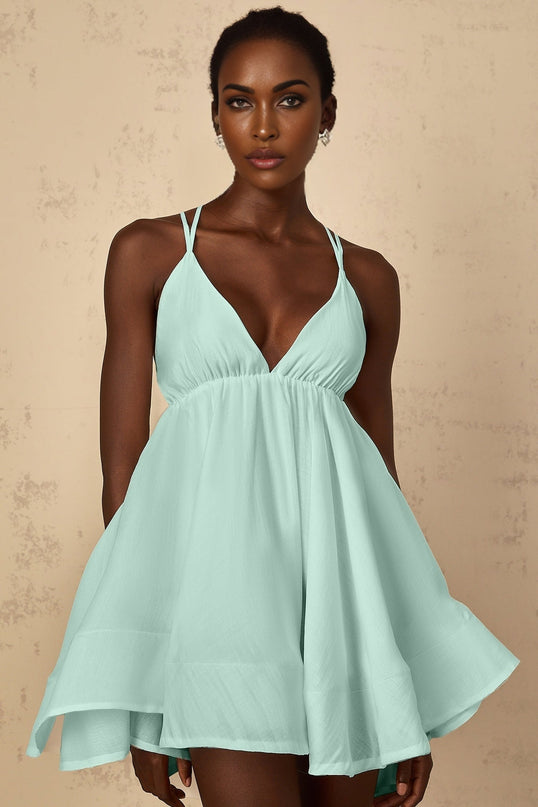 Victoria Green Mini Dress with V-Neck and Self-Tie Straps