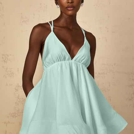 Victoria Green Mini Dress with V-Neck and Cross-Over Straps