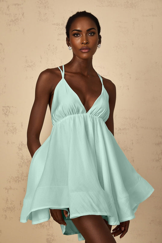 Victoria Green Mini Dress with V-Neck and Cross-Over Straps