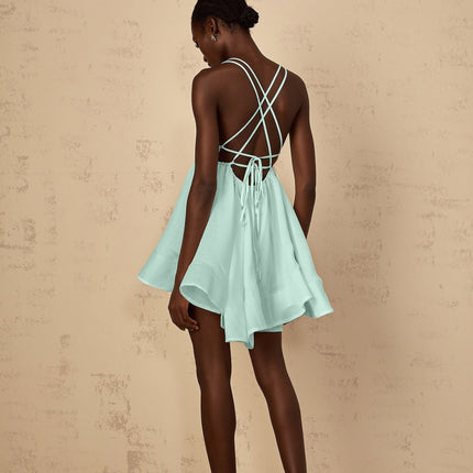 Victoria Green Mini Dress with V-Neck and Cross-Over Straps for Special Occasions