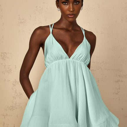 Victoria Green Mini Dress V-neck Sleeveless Self-tie Cross-over Straps Shirred Effect Asymmetrical Flounce Hem Thigh-length Slip-on Design