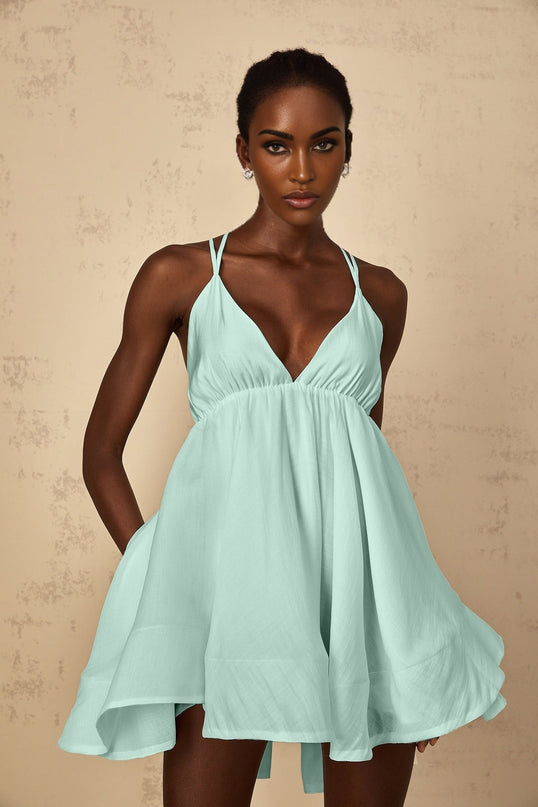 Victoria Green Mini Dress V-neck Sleeveless Self-tie Cross-over Straps Shirred Effect Asymmetrical Flounce Hem Thigh-length Slip-on Design