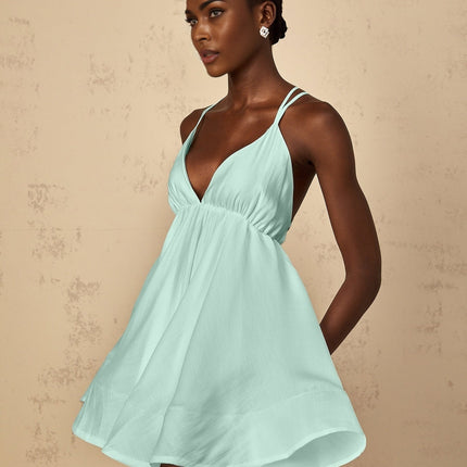 Victoria Green Mini Dress V-neck Sleeveless Self-tie Cross-over Straps Shirred Effect Asymmetrical Flounce Hem Thigh-length