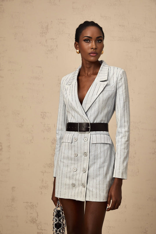 Victoria Grey Denim Blazer Rhinestone Embellished