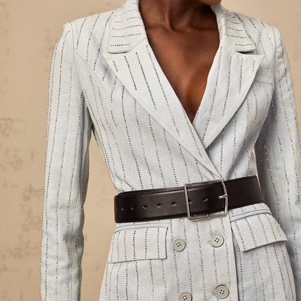Victoria Grey Denim Blazer Rhinestone Embellished