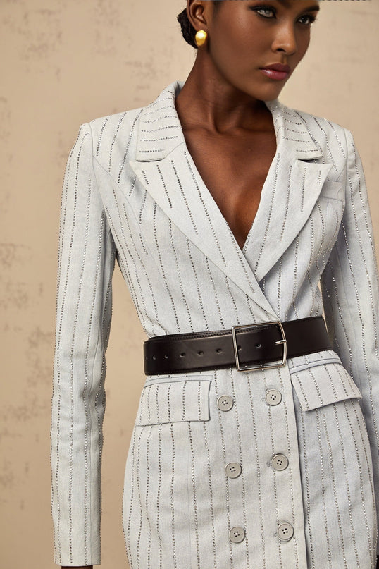 Victoria Grey Denim Blazer Rhinestone Embellished