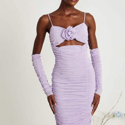 Victoria Purple Midi Dress with Spaghetti Straps and Ruched Designs