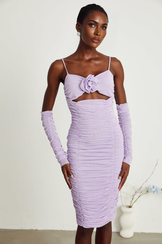 Victoria Purple Midi Dress with Spaghetti Straps and Ruched Designs