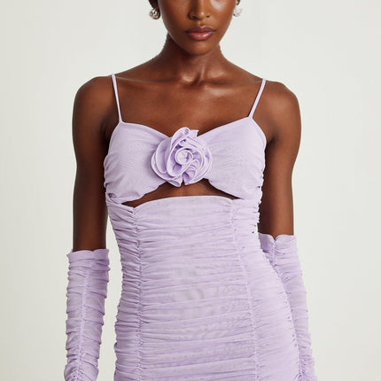 Victoria Purple Midi Dress with Spaghetti Straps and Cut-Out Ruched Design