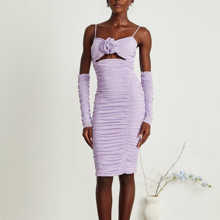 Victoria Purple Midi Dress with Cut-Out and Ruched Designs
