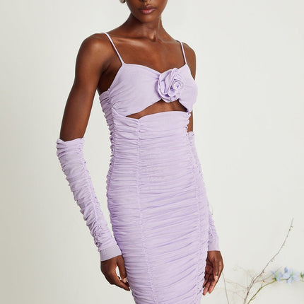 Victoria Purple Midi Dress with Spaghetti Straps and Cut-Out Designs
