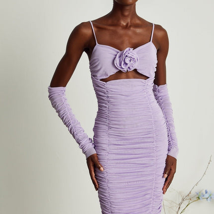 Victoria Purple Midi Dress with Spaghetti Straps and Cut-Out Designs