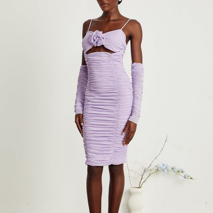 Victoria Purple Midi Dress with Cut-Out and Ruched Designs Spaghetti Straps Detachable Sleeves Faux Flower Detailing Rear Zip Fastening 100% Polyester