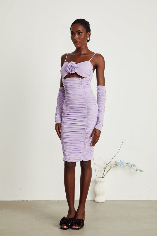 Victoria Purple Midi Dress with Cut-Out and Ruched Designs Spaghetti Straps Detachable Sleeves Faux Flower Detailing Rear Zip Fastening 100% Polyester