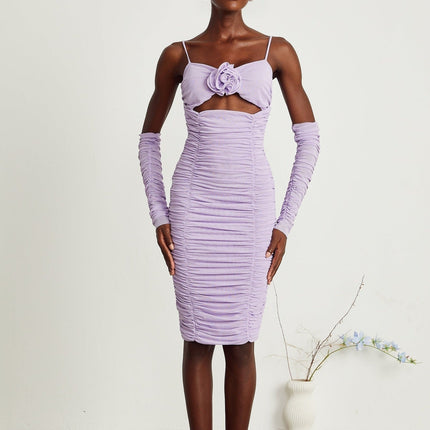 Victoria Purple Midi Dress Spaghetti Straps Cut-out Ruched Detachable Sleeves Faux Flower Detailing Rear Zip Fastening Polyester