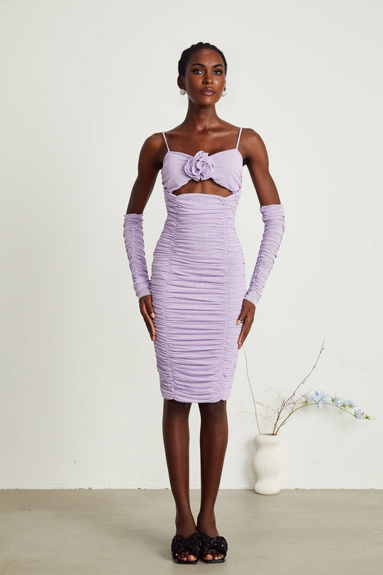 Victoria Purple Midi Dress Spaghetti Straps Cut-out Ruched Detachable Sleeves Faux Flower Detailing Rear Zip Fastening Polyester
