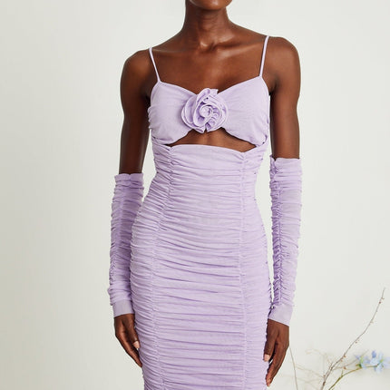 Victoria Purple Ruched Cut-Out Midi Dress