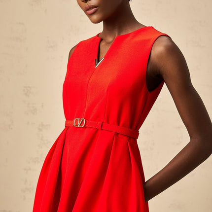 Victoria Red Flared Mini Dress Cinched Waist Sleeveless V Logo Plaque Terylene