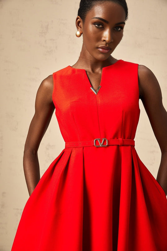 Victoria Red Flared Skirt Mini Dress V Logo Plaque Terylene