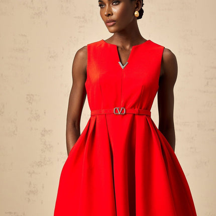 Victoria Red Flared Skirt Sleeveless Mini Dress V Logo Plaque Terylene