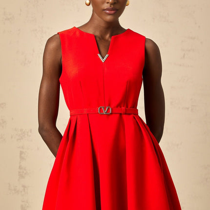 Victoria Red Flared Skirt Mini Dress V Logo Plaque Sleeveless 100% Terylene