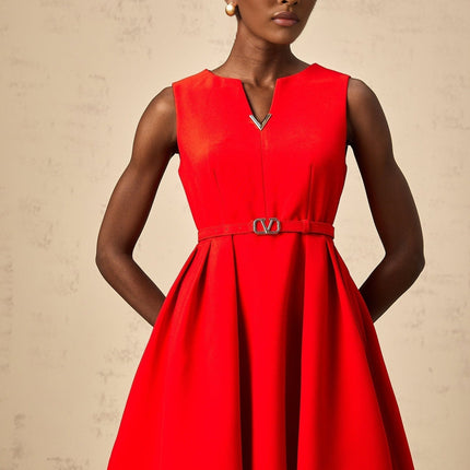 Victoria Red Mini Dress Flared Skirt Cinched Waist Sleeveless V Logo Plaque Rear Zip Fastening Terylene