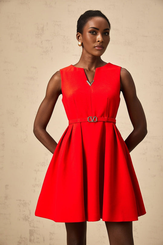 Victoria Red Mini Dress Flared Skirt Cinched Waist Sleeveless V Logo Plaque Rear Zip Fastening Terylene