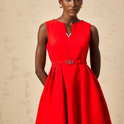 Victoria Red Mini Dress Flared Skirt Cinched Waist Round Split Neck Sleeveless V Logo Plaque Rear Zip Fastening Terylene Thigh-Length