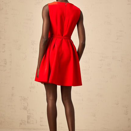 Victoria Red Mini Dress Flared Skirt Cinched Waist Sleeveless V Logo Plaque Terylene Thigh Length