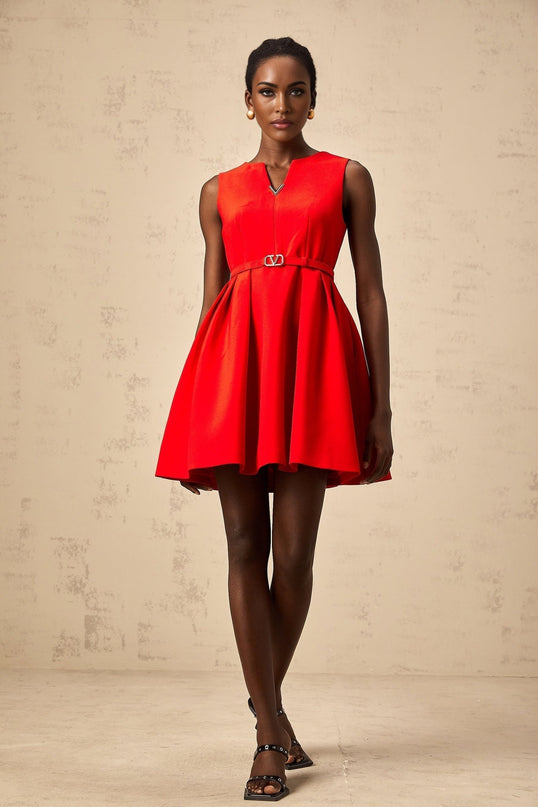 Victoria Red Flared Skirt Cinched Waist Sleeveless Mini Dress
