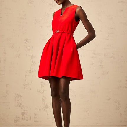 Victoria Red Mini Dress Flared Skirt Cinched Waist Sleeveless Round Split Neck V Logo Plaque Rear Zip Fastening Terylene