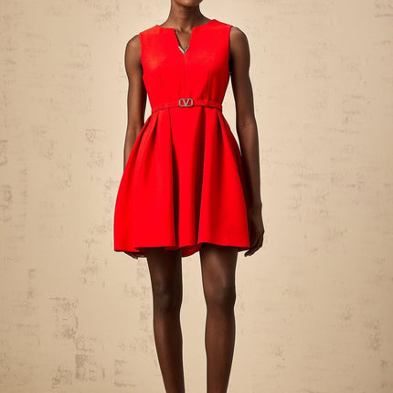 Victoria Red Mini Dress Flared Skirt Cinched Waist Sleeveless V Logo Plaque Rear Zip 100% Terylene