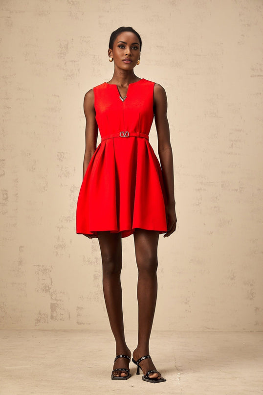 Victoria Red Mini Dress Flared Skirt Cinched Waist Sleeveless V Logo Plaque Rear Zip 100% Terylene