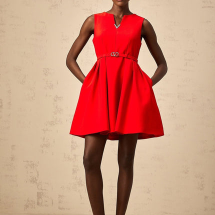 Victoria Red Mini Dress Flared Skirt Cinched Waist Sleeveless V Logo Plaque Rear Zip Fastening Terylene Thigh-Length