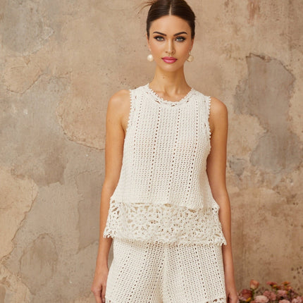 Victoria White Crochet Knit Top and Shorts Set