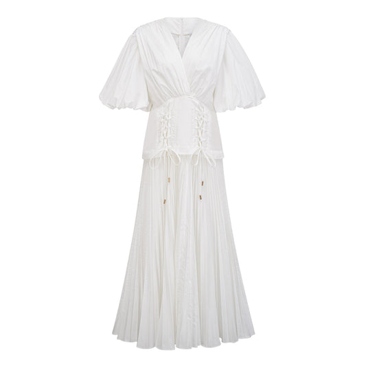 Vienne White LaceUp Pleated Maxi Dress