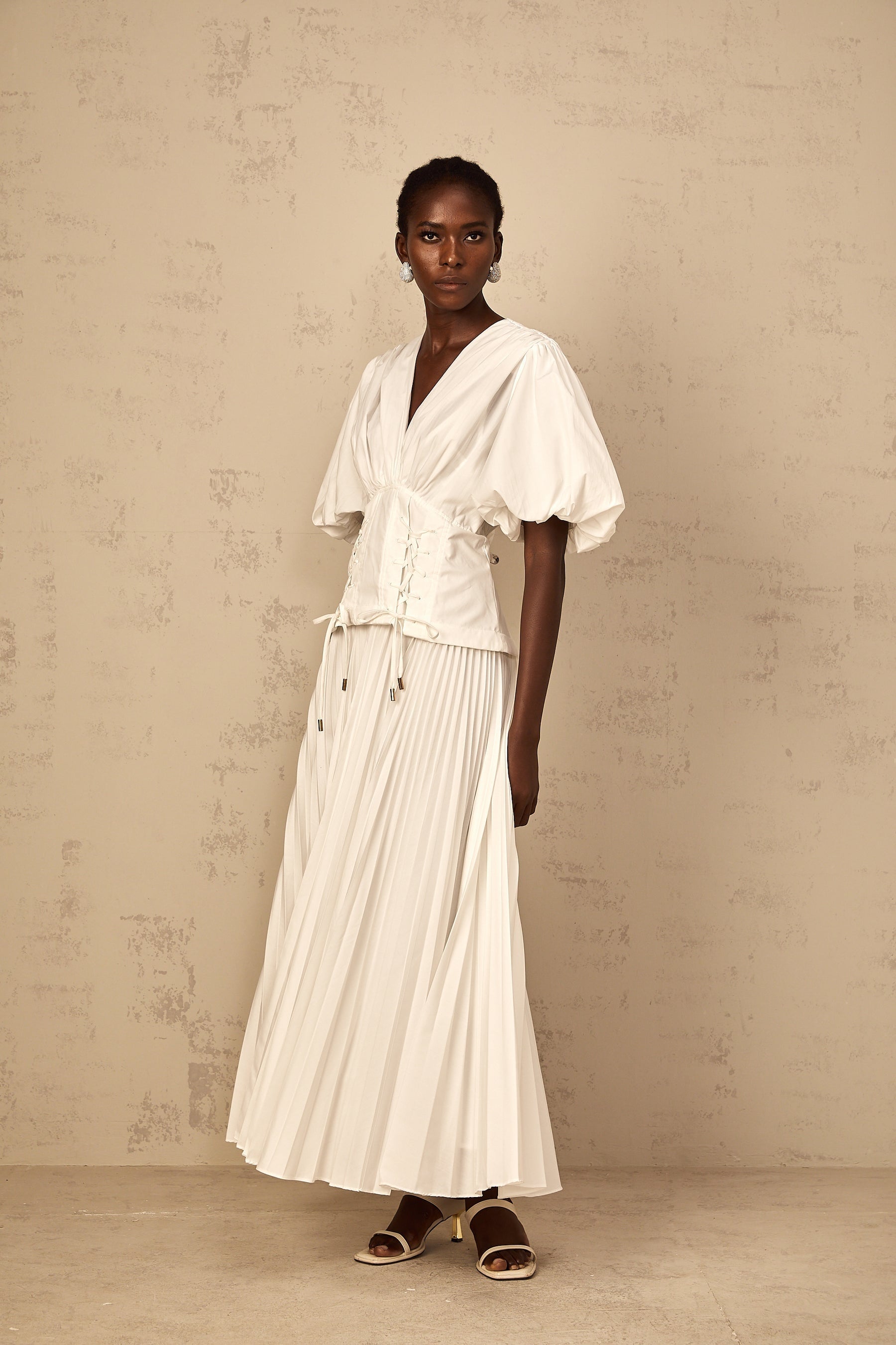 Vienne White LaceUp Pleated Maxi Dress