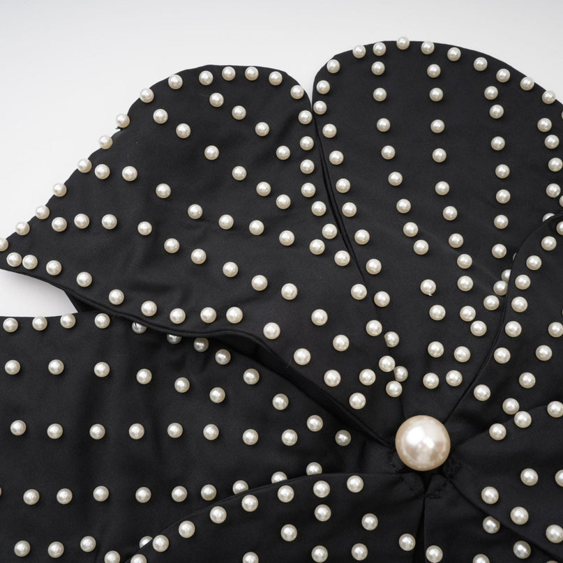 Vincenzina Black Floral Halterneck Top with Pearl Embellishments