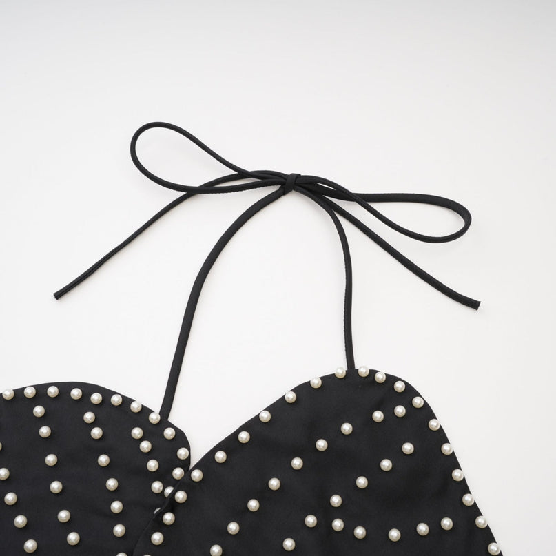 Vincenzina Black Floral Pearl Halter Top
