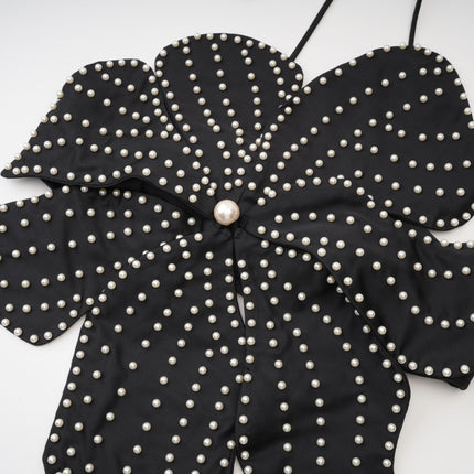 Vincenzina Black Floral Pearl Halterneck Top 100 Percent Polyester