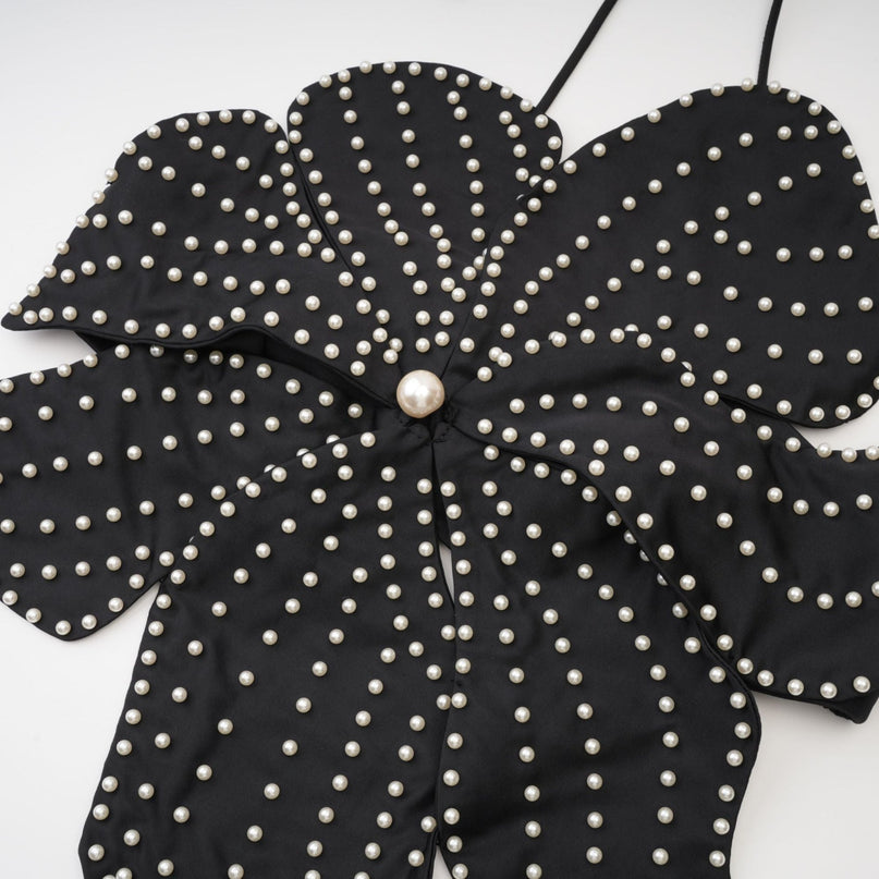 Vincenzina Black Floral Pearl Halterneck Top 100 Percent Polyester