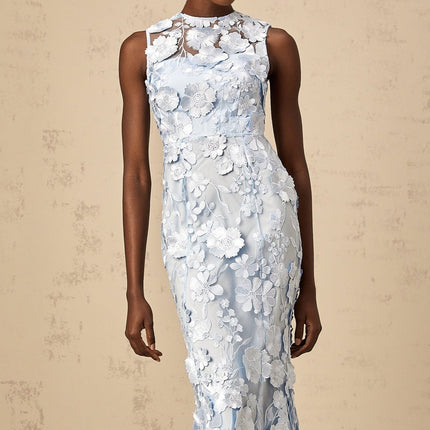 Vincenzina Blue Floral Midi Dress 100% Polyamide Sleeveless Crew Neck Cinched Waist Flared Hem Ankle-Length Rear Zip Fastening Elegant