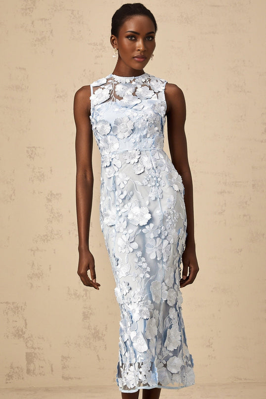 Vincenzina Blue Floral Midi Dress 100% Polyamide Sleeveless Crew Neck Cinched Waist Flared Hem Ankle-Length Rear Zip Fastening Elegant