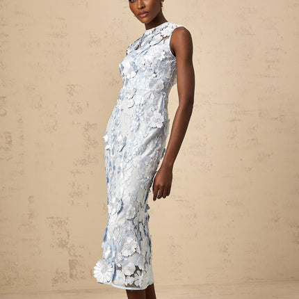 Vincenzina Blue Floral Midi Dress 100% Polyamide Sleeveless Crew Neck Cinched Waist Flared Hem Rear Zip Fastening Ankle-Length