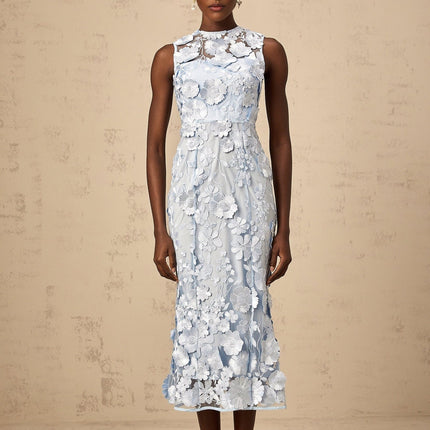 Vincenzina Blue Floral Midi Dress Polyamide Sleeveless Cinched Waist Flared Hem Rear Zip Fastening