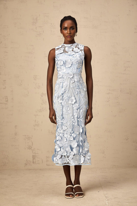 Vincenzina Blue Floral Midi Dress Polyamide Sleeveless Cinched Waist Flared Hem Rear Zip Fastening