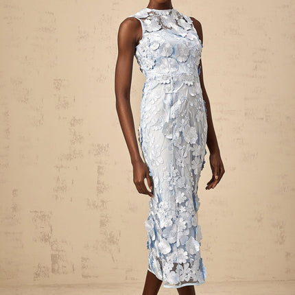 Vincenzina Blue Floral Midi Dress 100% Polyamide Sleeveless Crew Neck Cinched Waist Ankle-Length Rear Zip Fastening
